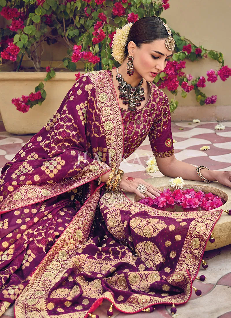 Deep Purple Multi Embroidery Traditional Wedding Saree