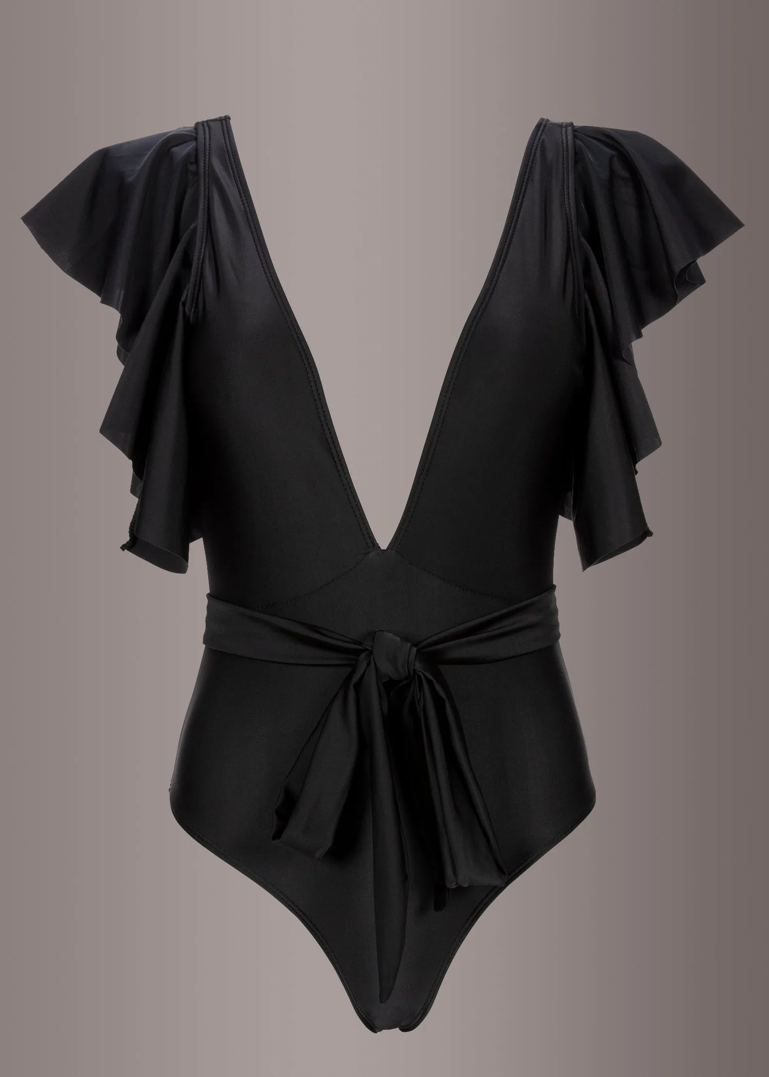 Deep V One Piece Swimsuit with Ruffle Sleeves and Tie Belt