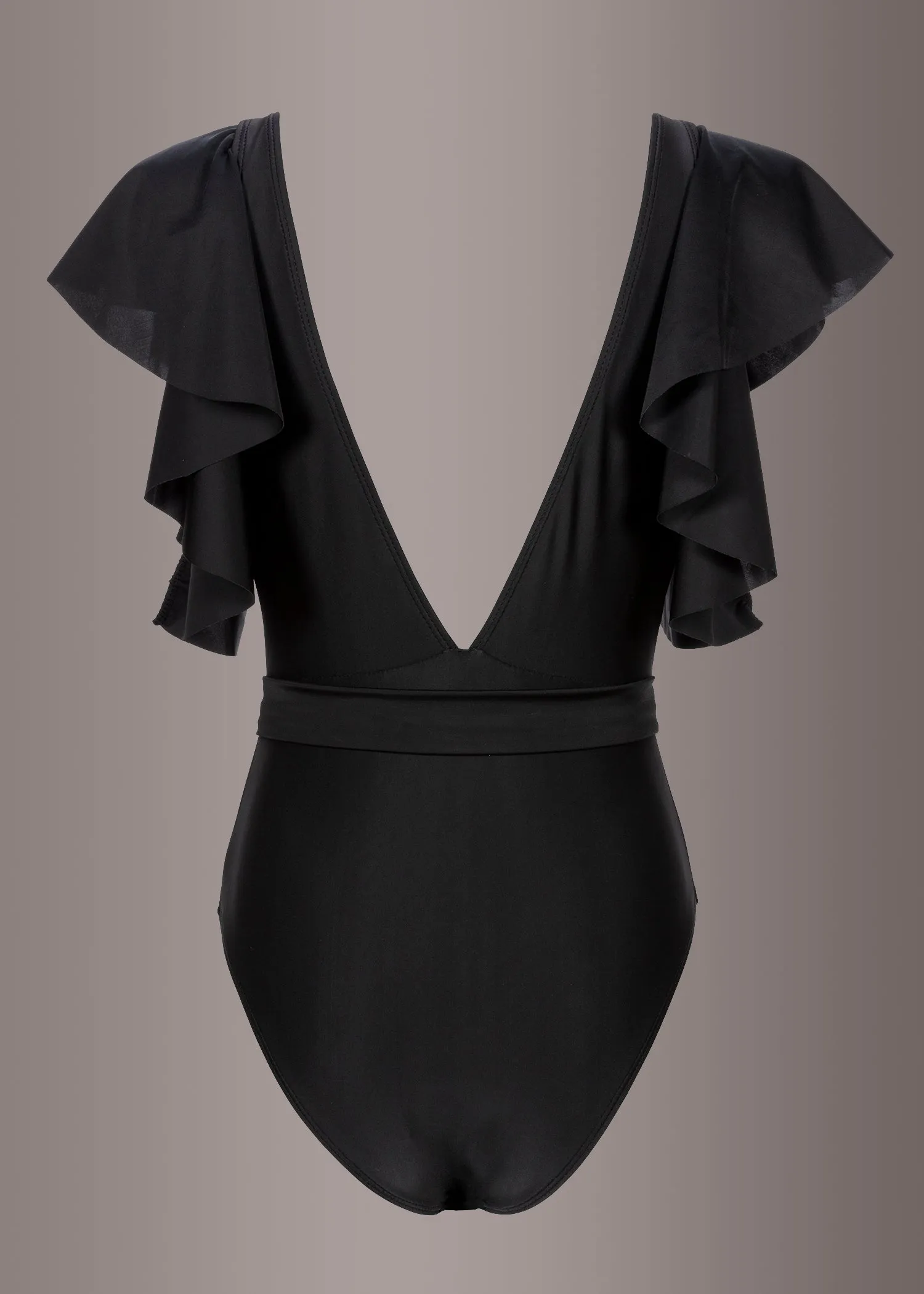 Deep V One Piece Swimsuit with Ruffle Sleeves and Tie Belt