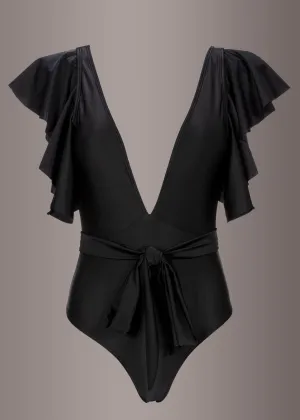 Deep V One Piece Swimsuit with Ruffle Sleeves and Tie Belt