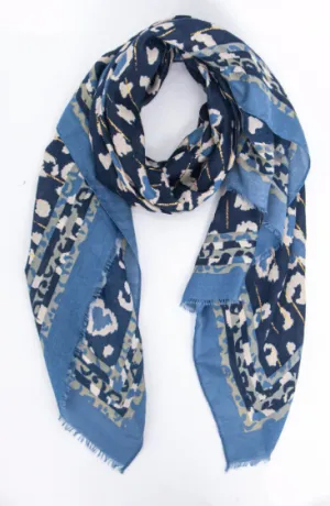 Denim Blue and Gold Leopard Print Scarf