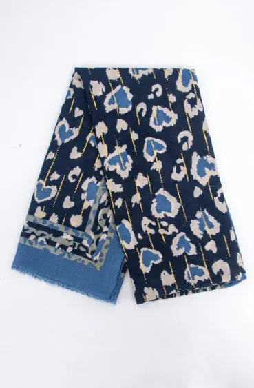 Denim Blue and Gold Leopard Print Scarf