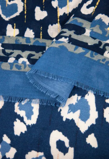 Denim Blue and Gold Leopard Print Scarf