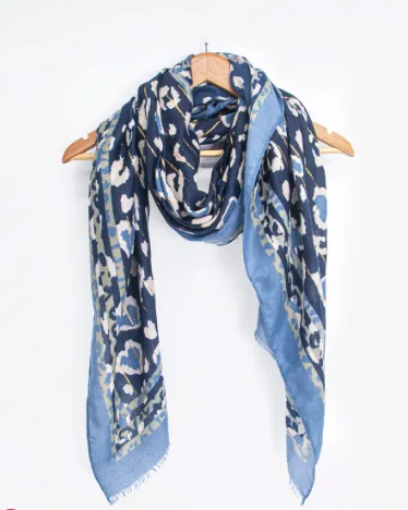 Denim Blue and Gold Leopard Print Scarf