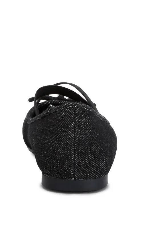 Denim Criss-Cross Ballet Flats - Bow Detail, Flat Heel