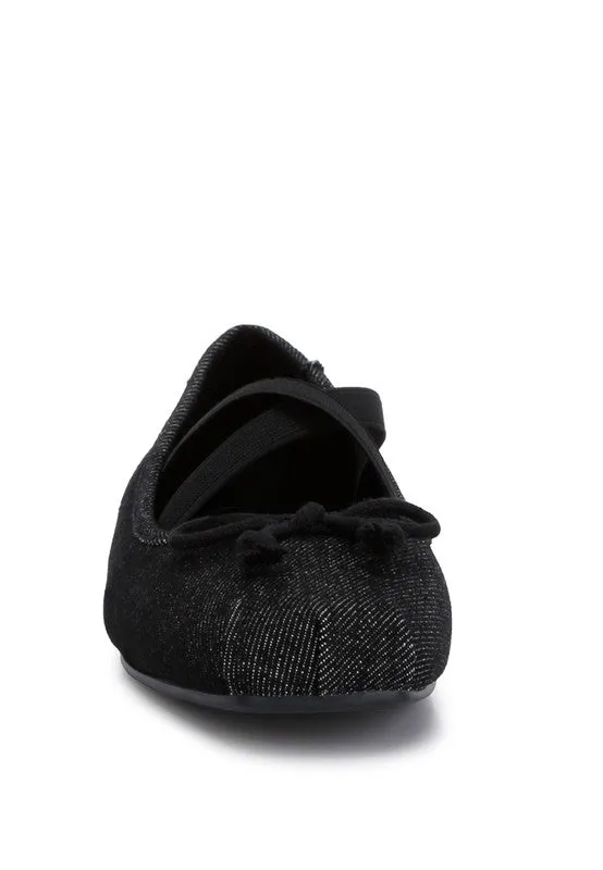 Denim Criss-Cross Ballet Flats - Bow Detail, Flat Heel