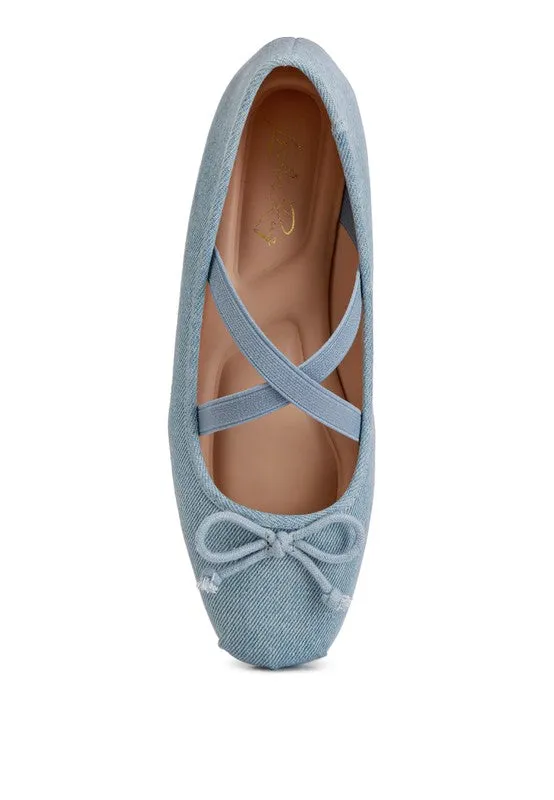 Denim Criss-Cross Ballet Flats - Bow Detail, Flat Heel