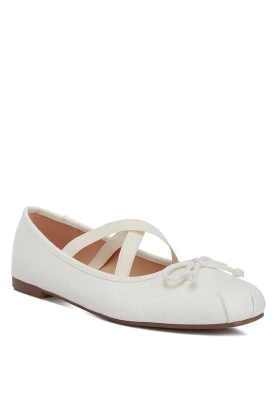 Denim Criss-Cross Ballet Flats - Bow Detail, Flat Heel