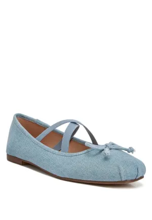 Denim Criss-Cross Ballet Flats - Bow Detail, Flat Heel