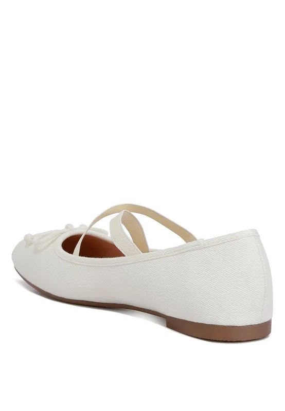 Denim Criss-Cross Ballet Flats - Bow Detail, Flat Heel