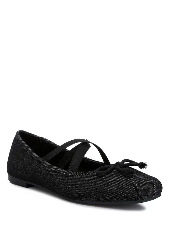 Denim Criss-Cross Ballet Flats - Bow Detail, Flat Heel