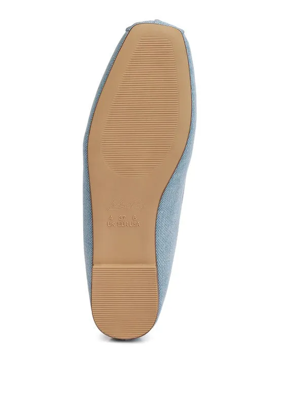 Denim Criss-Cross Ballet Flats - Bow Detail, Flat Heel
