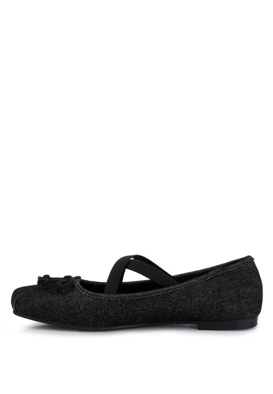 Denim Criss-Cross Ballet Flats - Bow Detail, Flat Heel