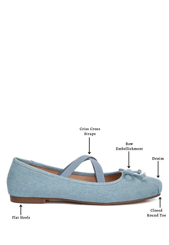 Denim Criss-Cross Ballet Flats - Bow Detail, Flat Heel