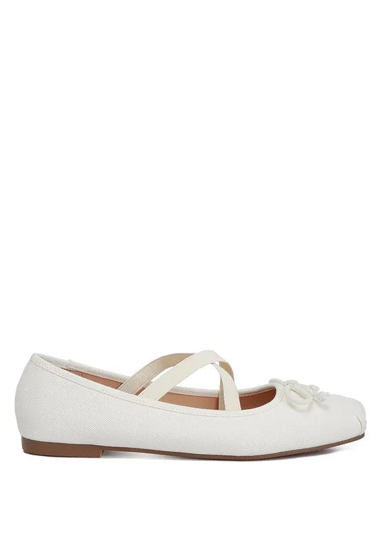 Denim Criss-Cross Ballet Flats - Bow Detail, Flat Heel