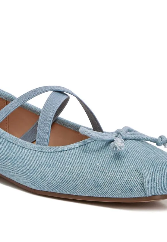 Denim Criss-Cross Ballet Flats - Bow Detail, Flat Heel