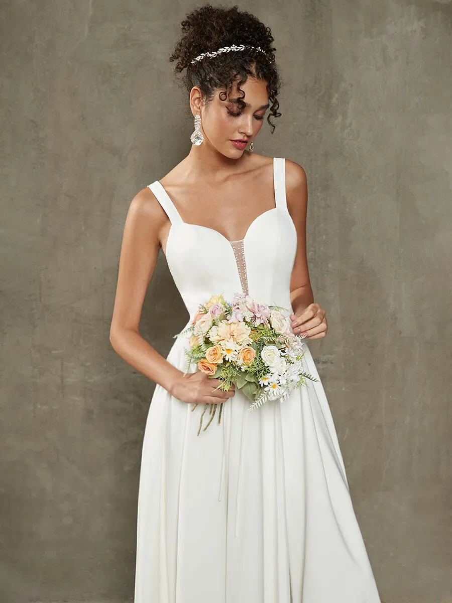 Diamond White Double FDY Sheer V-Neck A-Line Floor Length Wedding Dress