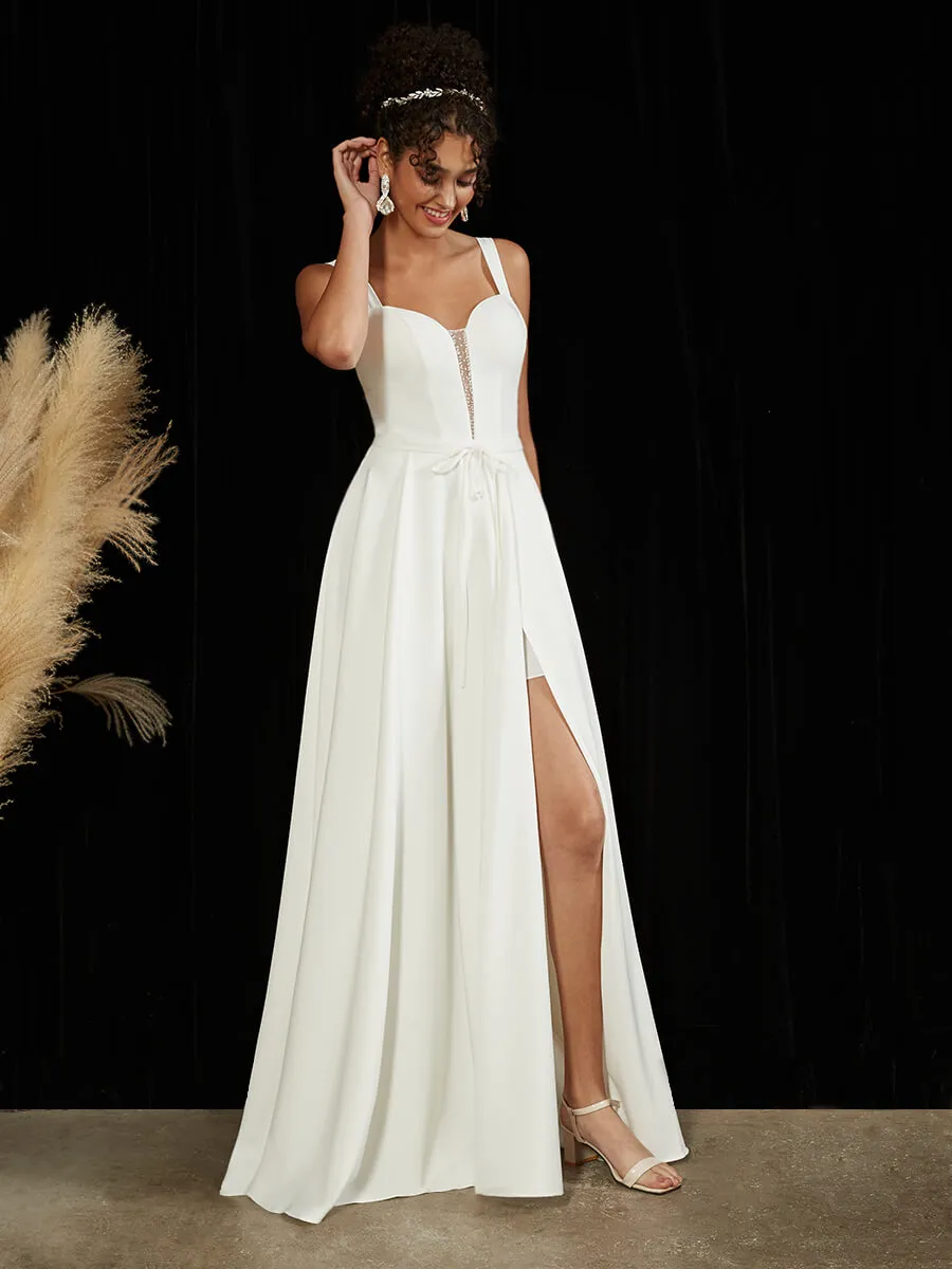 Diamond White Double FDY Sheer V-Neck A-Line Floor Length Wedding Dress