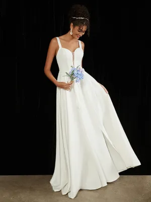 Diamond White Double FDY Sheer V-Neck A-Line Floor Length Wedding Dress