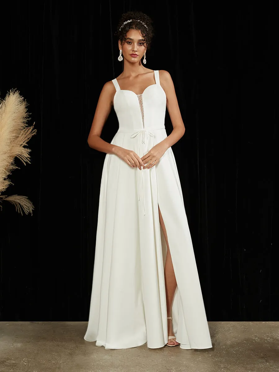 Diamond White Double FDY Sheer V-Neck A-Line Floor Length Wedding Dress