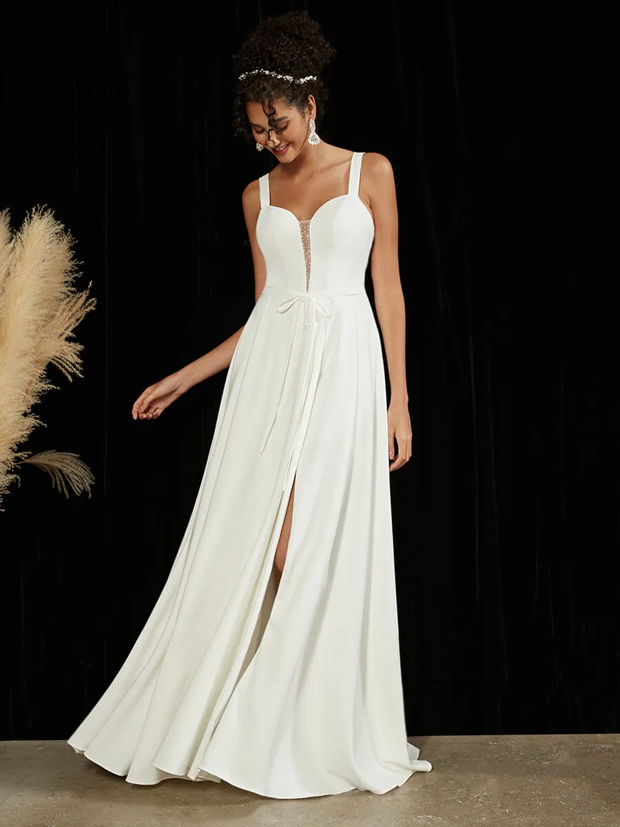 Diamond White Double FDY Sheer V-Neck A-Line Floor Length Wedding Dress