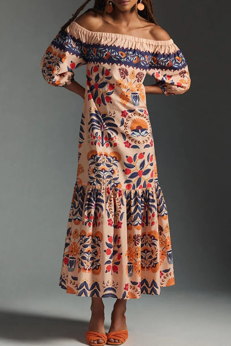 Elegant College Floral Patchwork Off the Shoulder Printed Dress Dresses