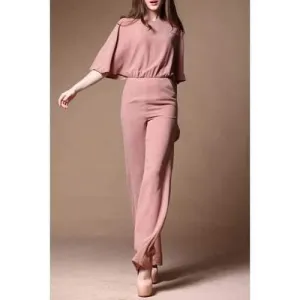 Elegant Dolman Sleeve Palazzo Jumpsuit - Pinkbeige S