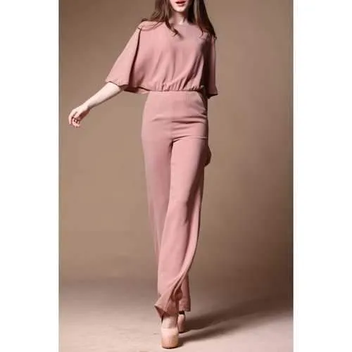 Elegant Dolman Sleeve Palazzo Jumpsuit - Pinkbeige S