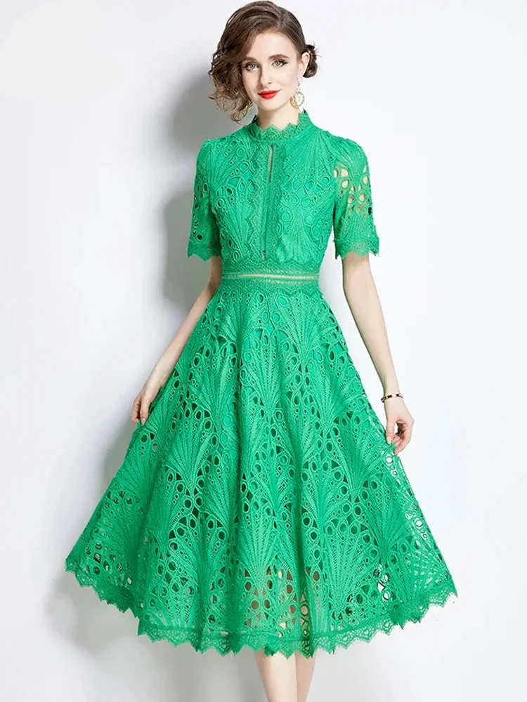 Elegant Floral Crochet Lace Midi Dress by H Han Queen