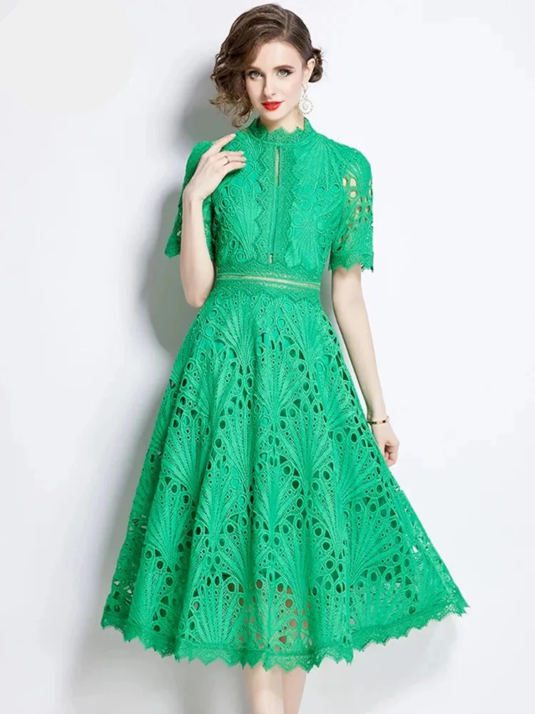 Elegant Floral Crochet Lace Midi Dress by H Han Queen