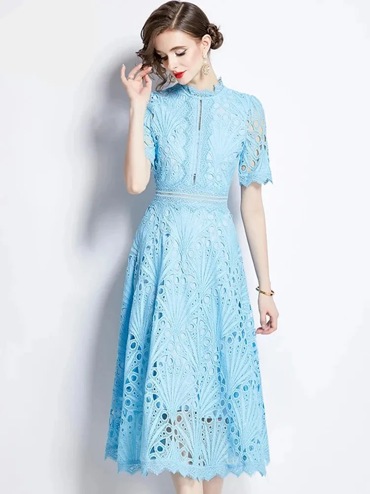 Elegant Floral Crochet Lace Midi Dress by H Han Queen