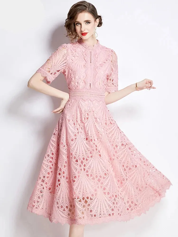 Elegant Floral Crochet Lace Midi Dress by H Han Queen