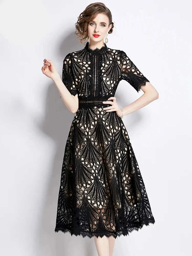 Elegant Floral Crochet Lace Midi Dress by H Han Queen