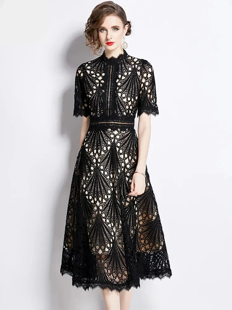 Elegant Floral Crochet Lace Midi Dress by H Han Queen
