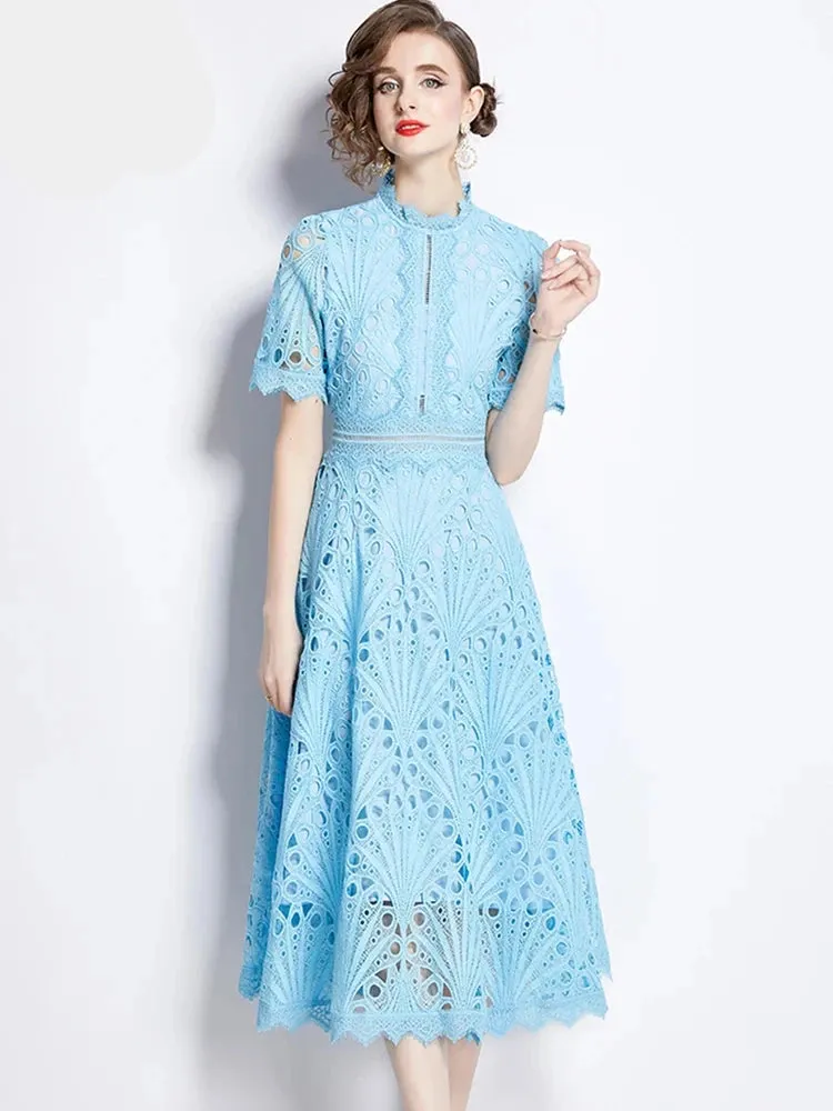 Elegant Floral Crochet Lace Midi Dress by H Han Queen