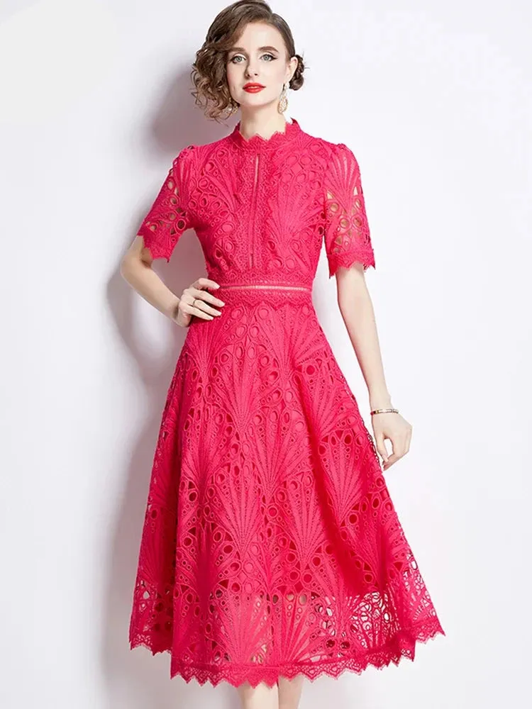 Elegant Floral Crochet Lace Midi Dress by H Han Queen