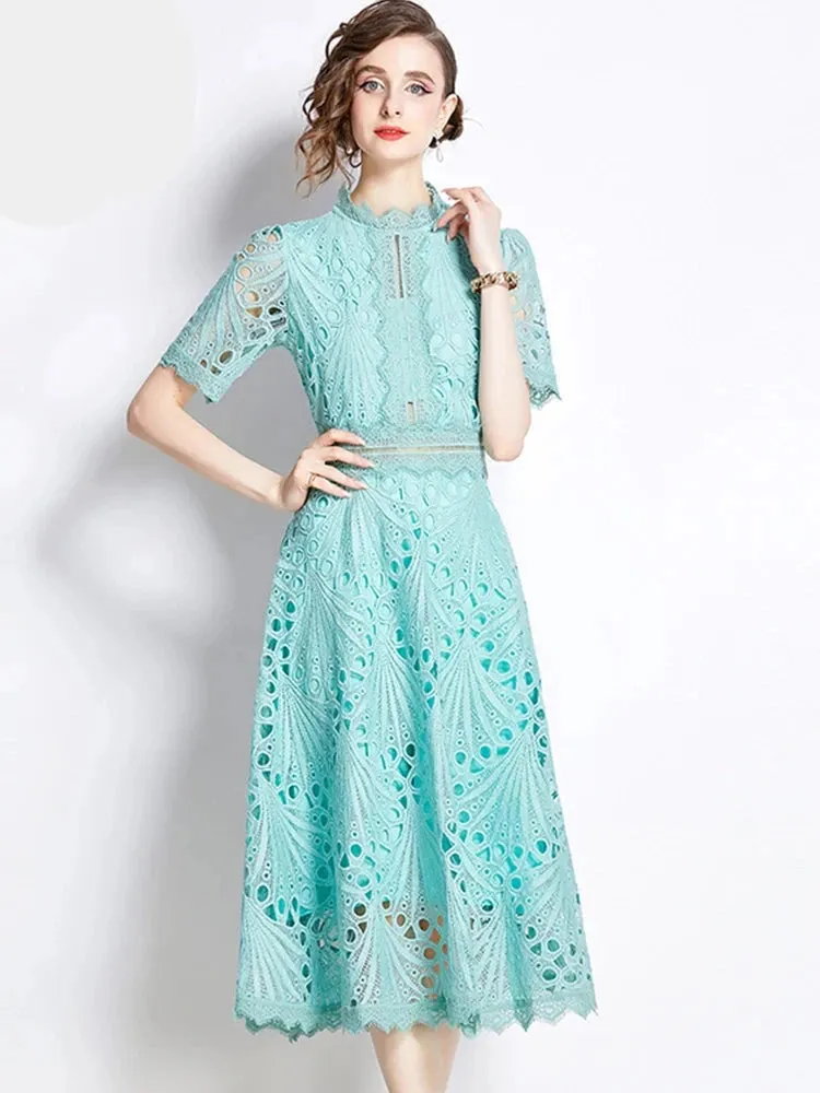 Elegant Floral Crochet Lace Midi Dress by H Han Queen