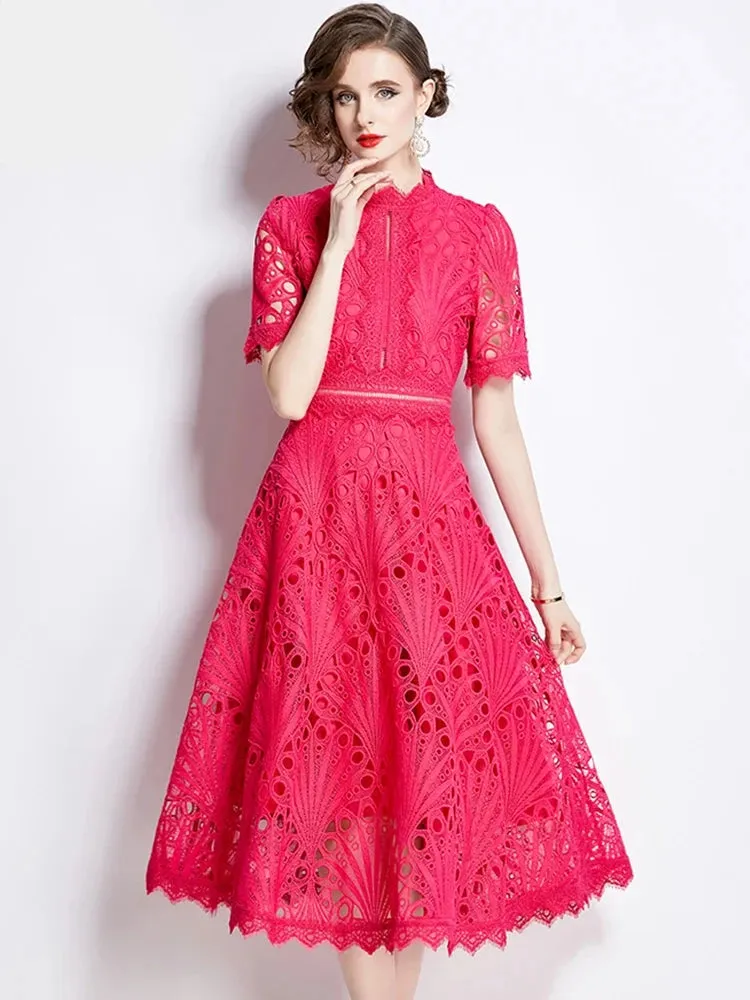 Elegant Floral Crochet Lace Midi Dress by H Han Queen