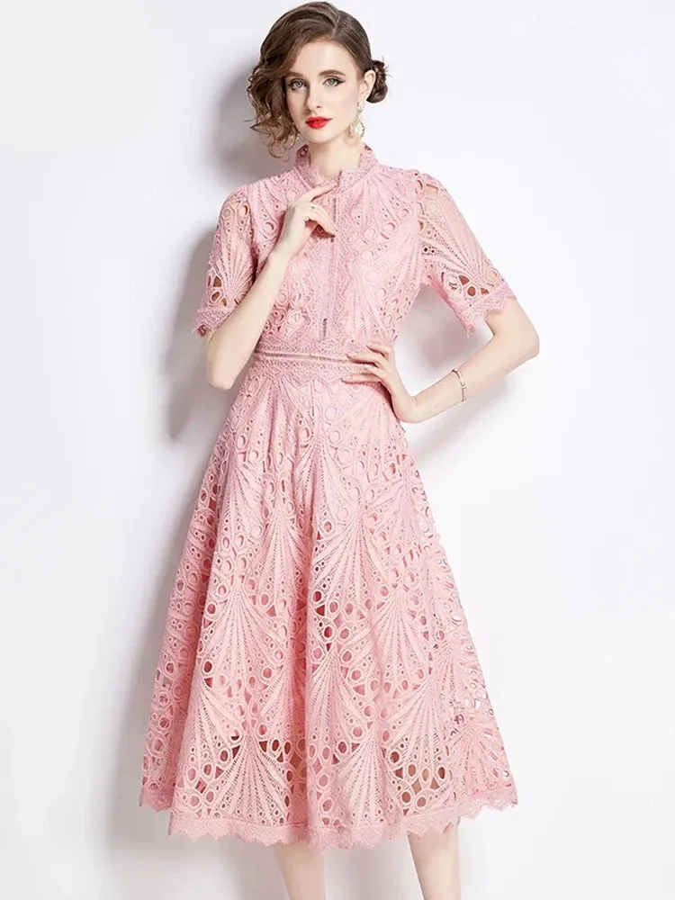 Elegant Floral Crochet Lace Midi Dress by H Han Queen