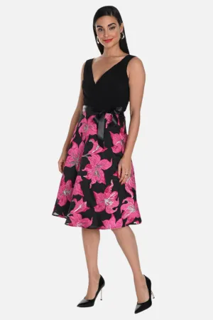 Elegant Floral Jacquard Dress With Sash