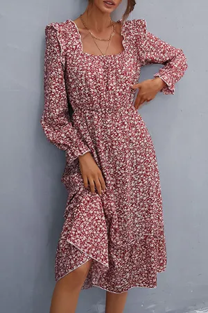 Elegant Floral Patchwork Flounce Square Collar A Line Dresses