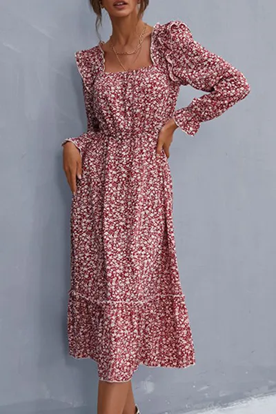 Elegant Floral Patchwork Flounce Square Collar A Line Dresses