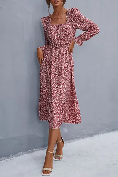 Elegant Floral Patchwork Flounce Square Collar A Line Dresses