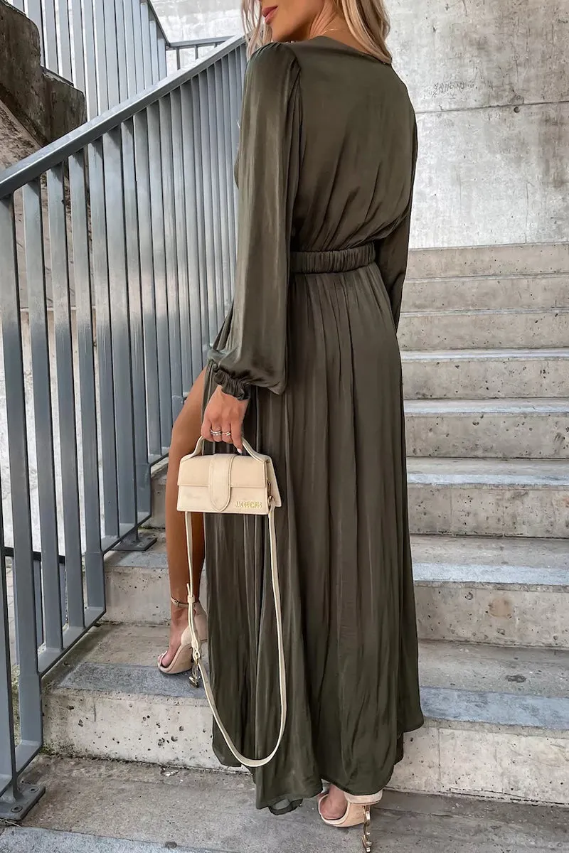 Elegant Frenulum With Belt Solid Color V Neck Long Sleeve Dresses(3 Colors)