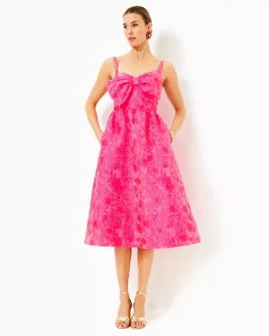 Ellara Jacquard Midi Bow Dress (Leaf An Impression)