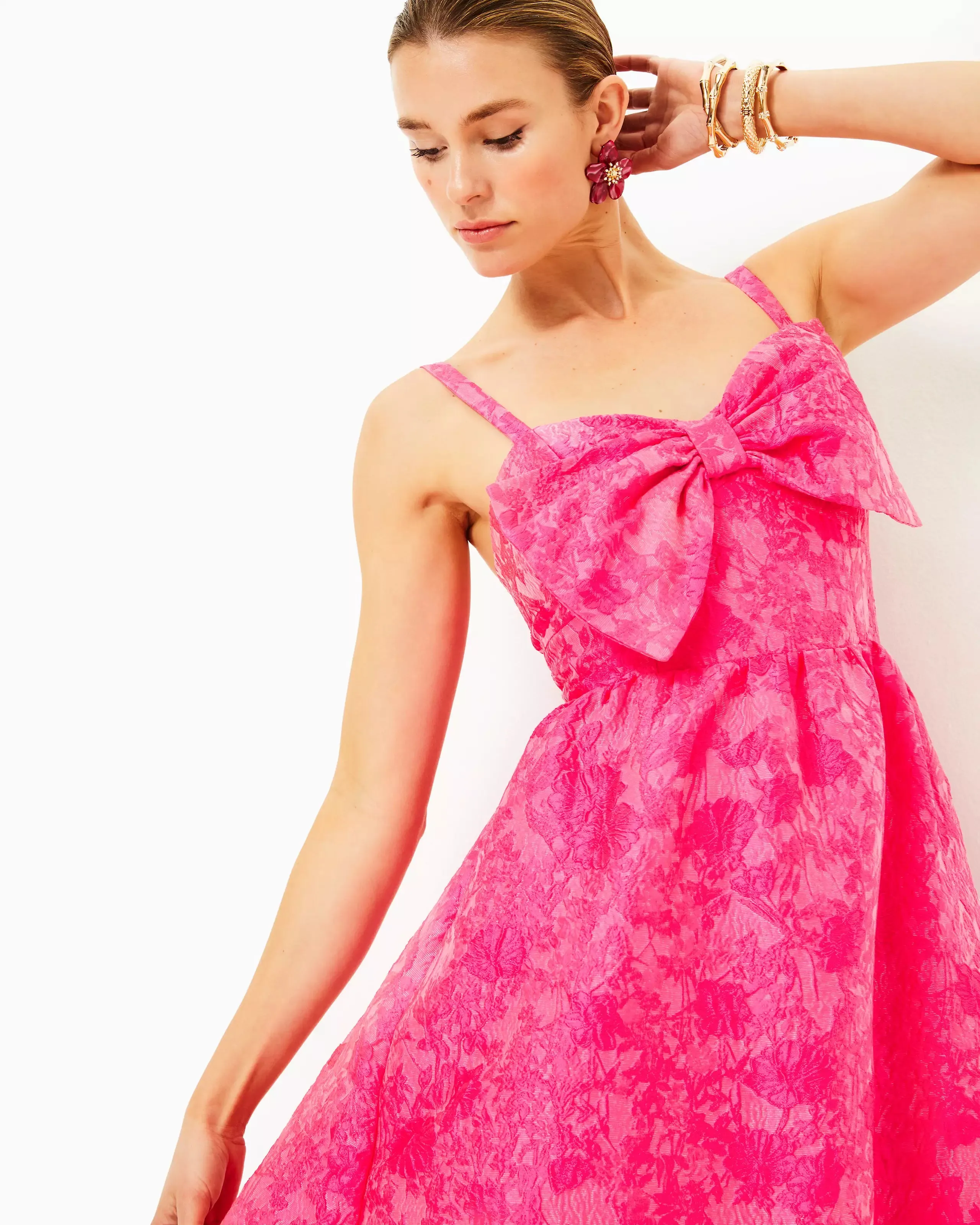 Ellara Jacquard Midi Bow Dress (Leaf An Impression)