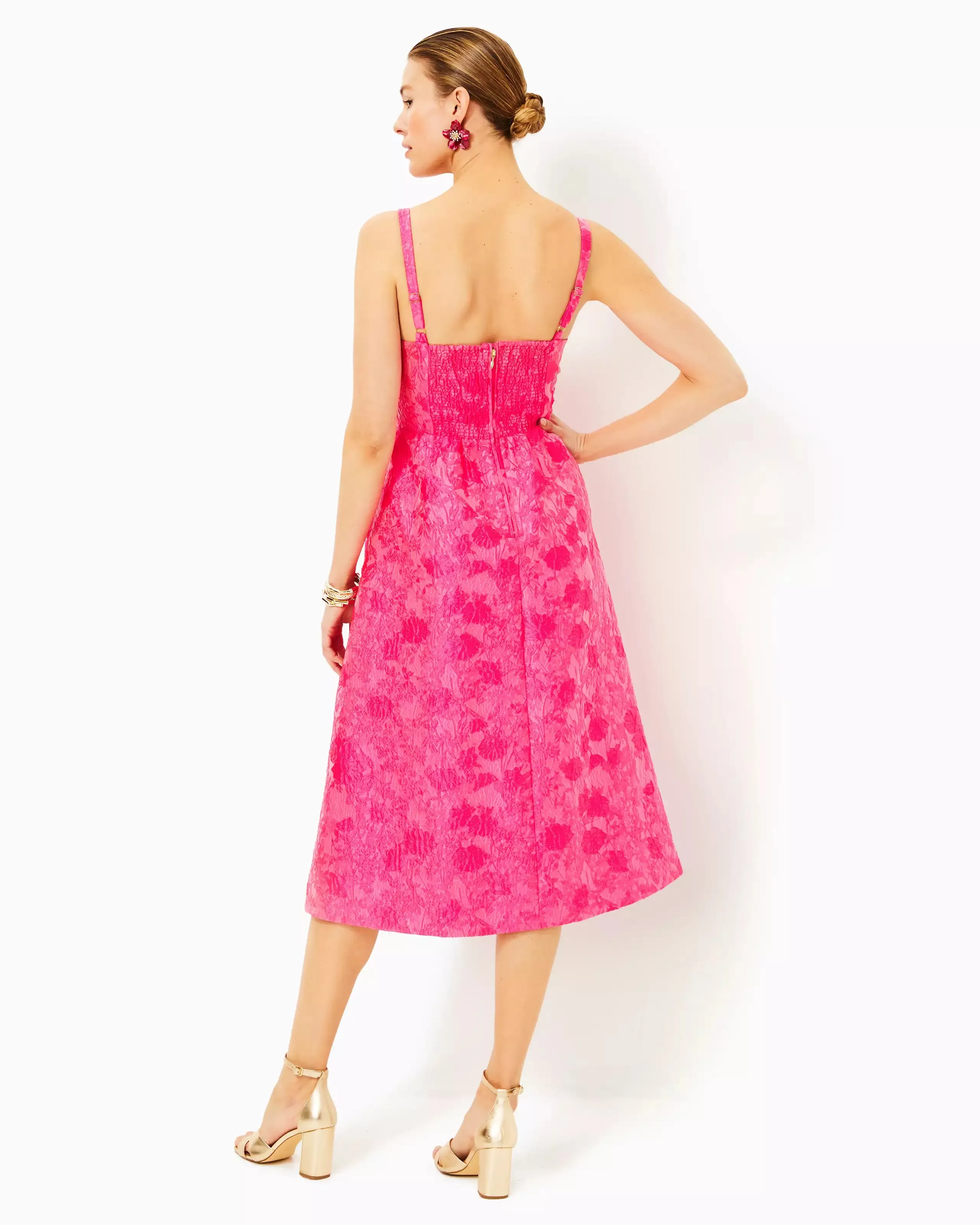 Ellara Jacquard Midi Bow Dress (Leaf An Impression)