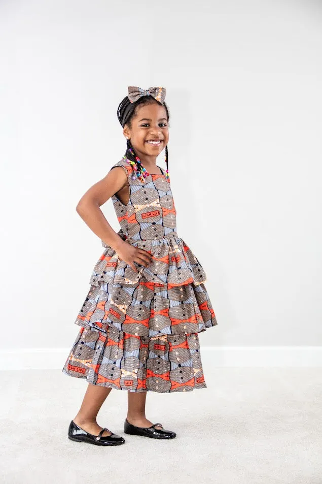 Emma Girl dress- 3 layers Orange bow tie print