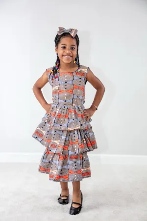 Emma Girl dress- 3 layers Orange bow tie print
