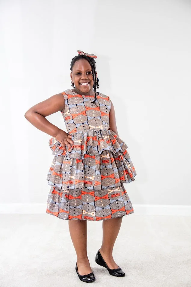 Emma Girl dress- 3 layers Orange bow tie print